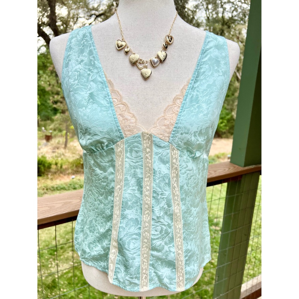 Vintage Y2K 100% Silk Jacquard Lace Trim Camisole Going Out Top Blue 4 Coquette